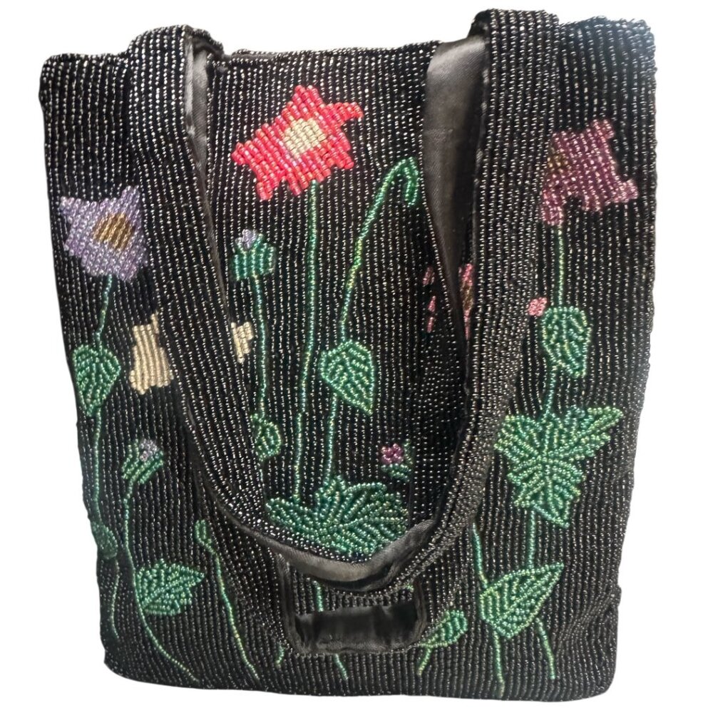 VTG Womens Mini ALL Beaded Tote Handbag Black w/Flower Botanical Wearable Art